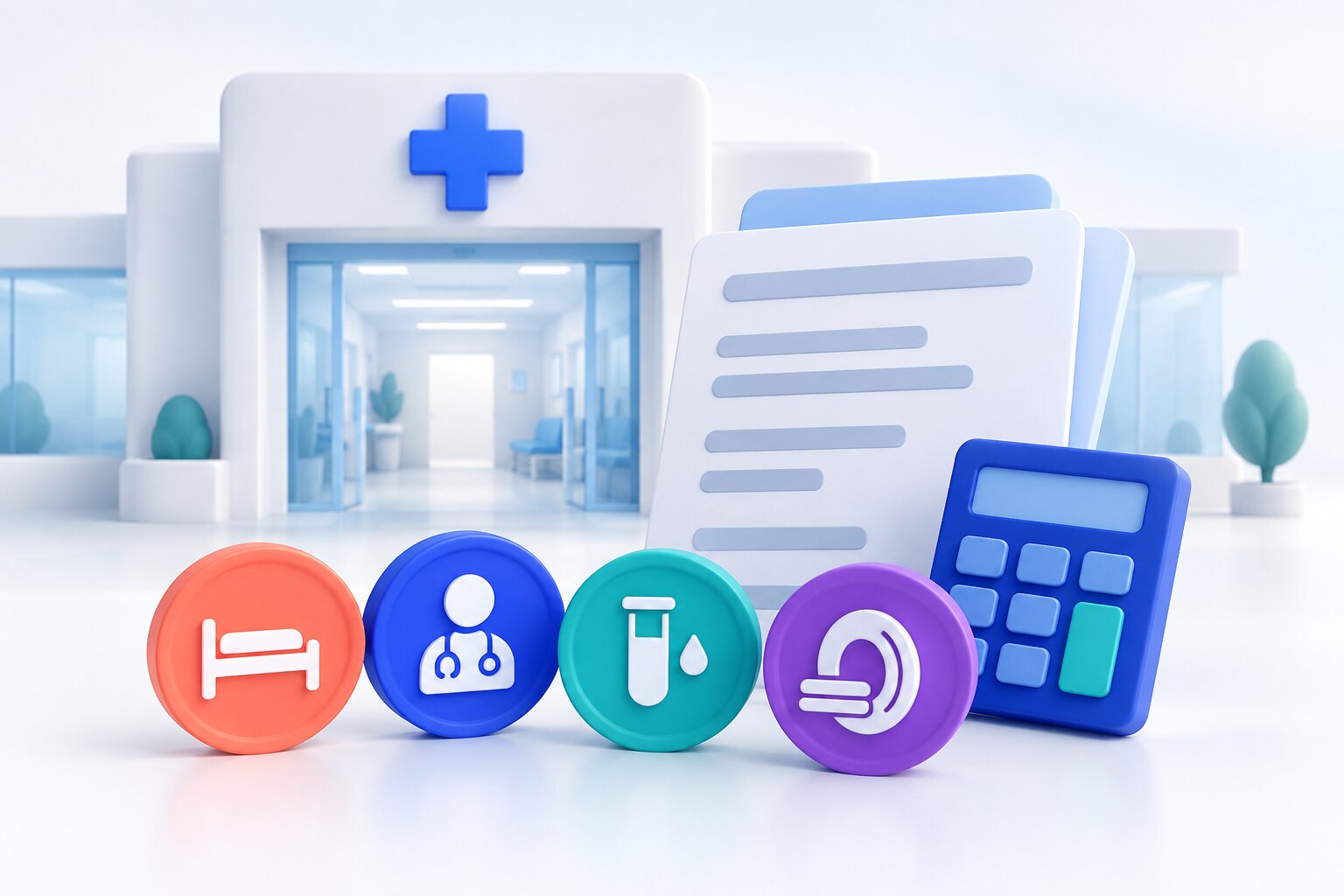 Hospital entrance, blank bill pages, calculator, and separate charge symbols