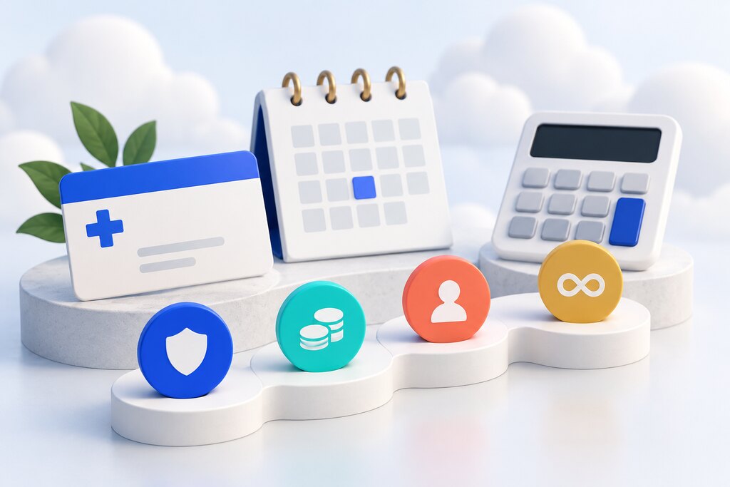 Health coverage card, monthly calendar, calculator, and cost markers arranged for comparison