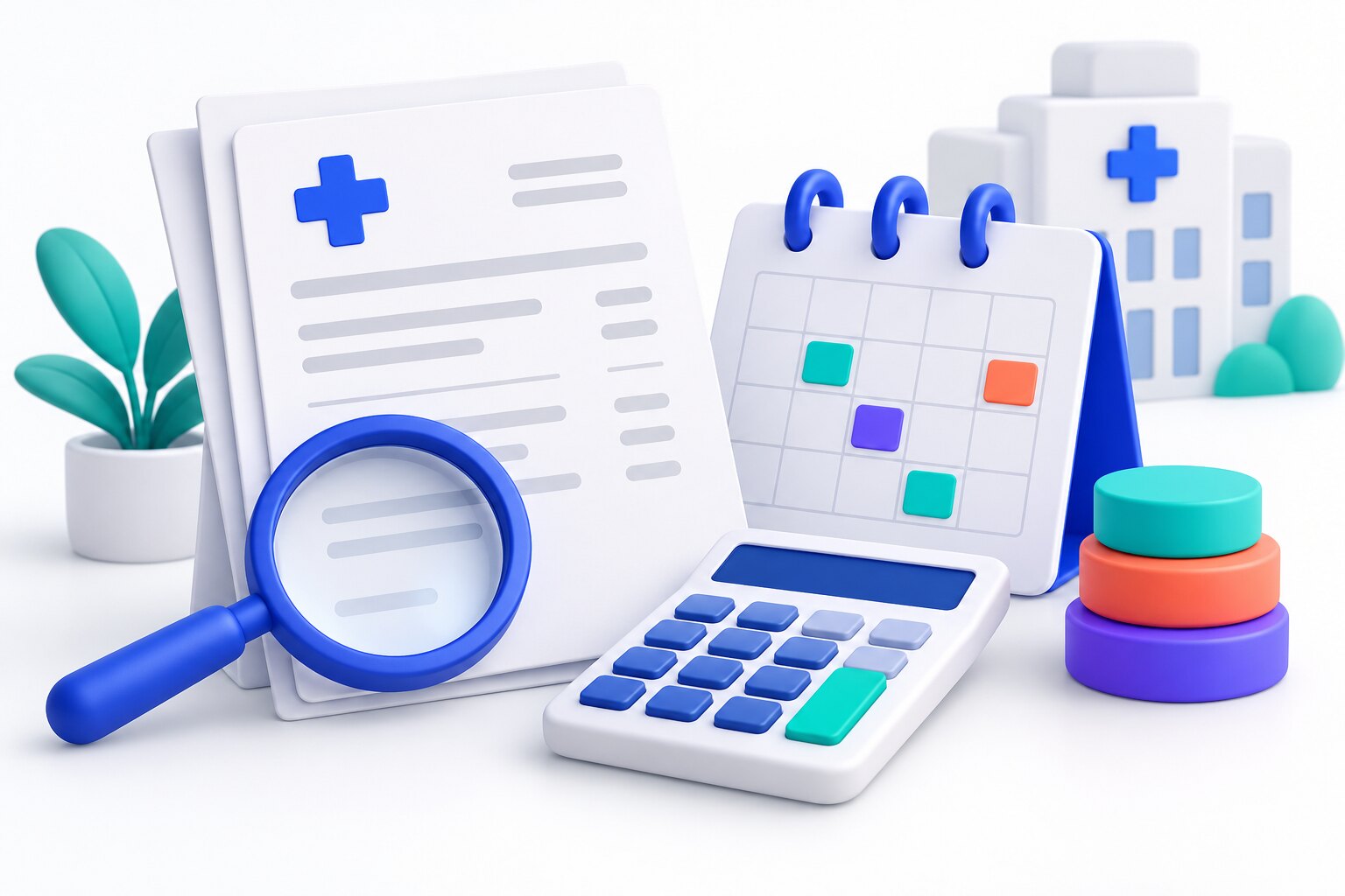 Factura hospitalaria, calendario, calculadora y opciones de pago