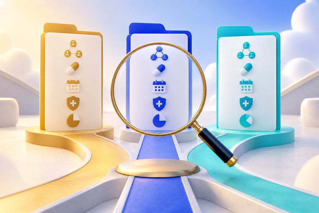 Three unlabeled health plan folders on separate comparison paths beneath a magnifying glass