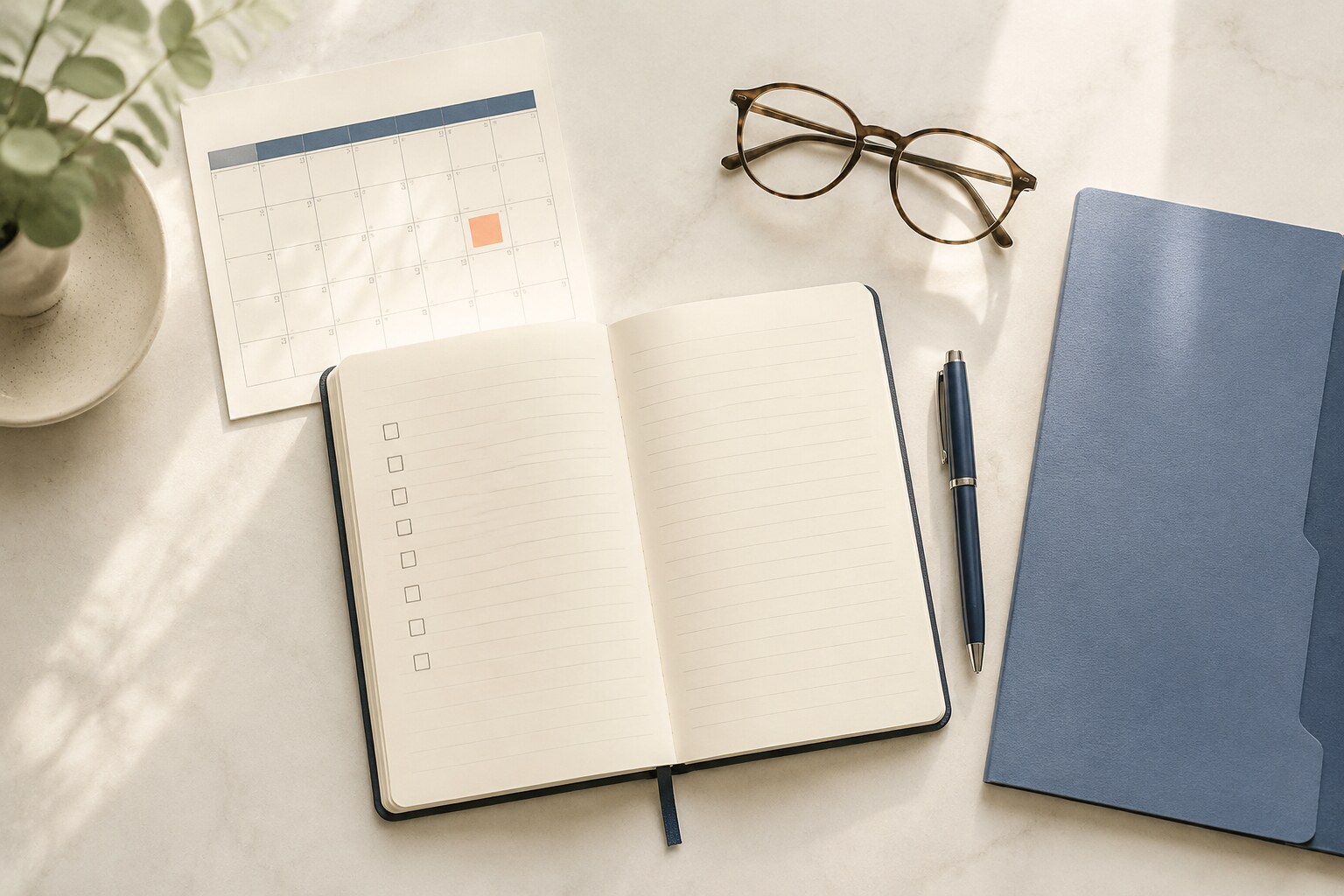 An organized notebook, calendar, pen, and healthcare folder