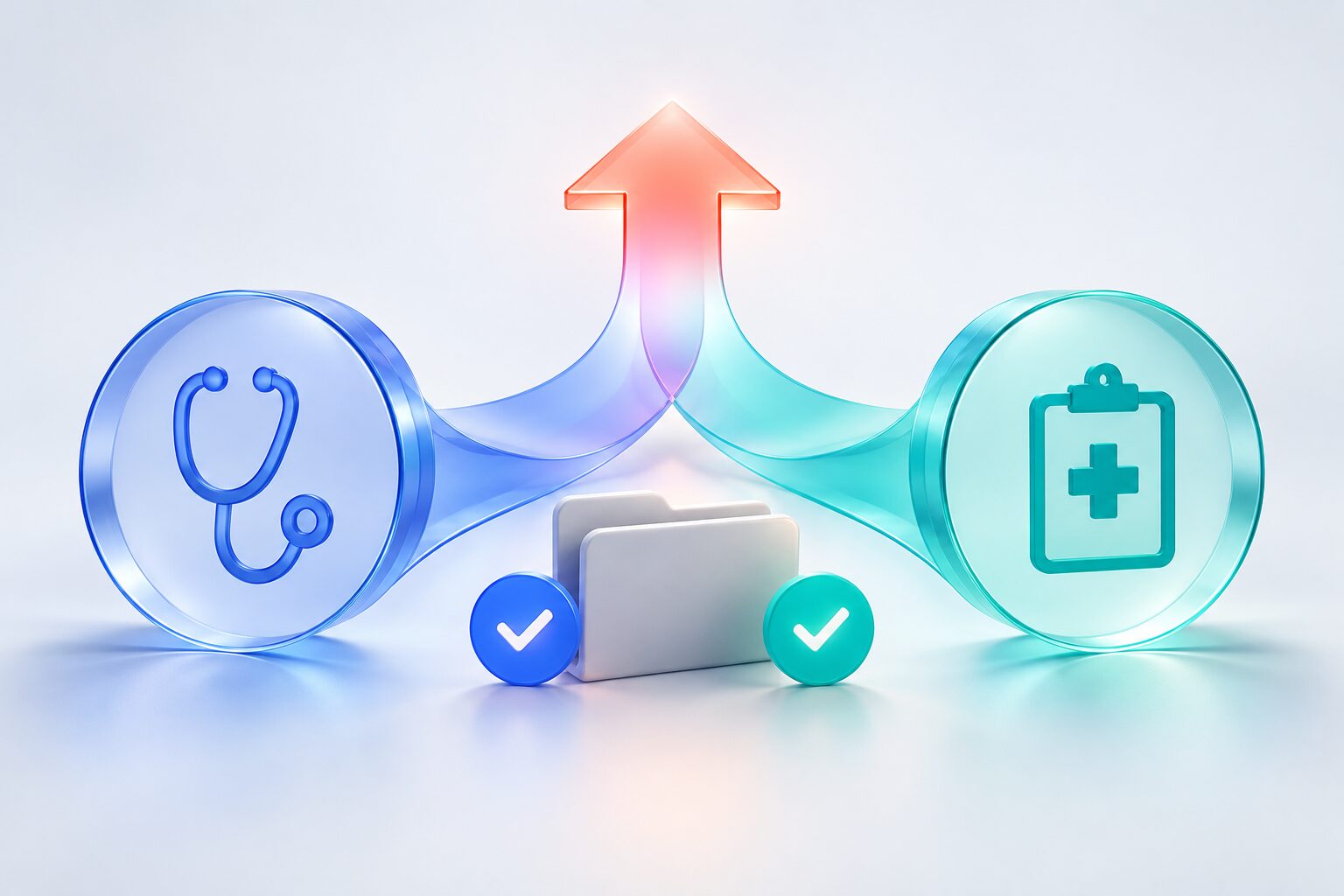 Two translucent healthcare pathways converging toward one clear direction