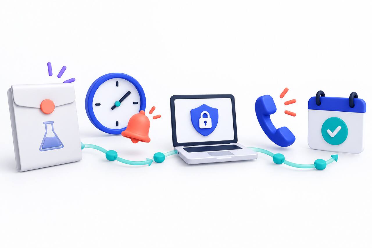 An unlabeled test folder, clock, secure portal, telephone, and follow-up calendar