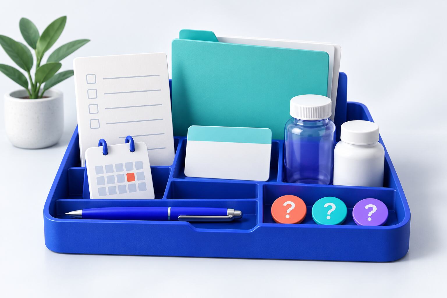 An organized appointment kit with blank checklist, calendar, card, folder, medicine containers, pen, and question tokens